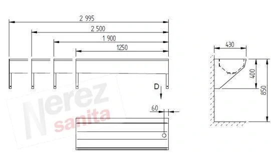 AUL 04.4 nerezový umývací žlab AZP 2995 mm