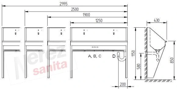 BSUL 03.1 bezpečnostní umývací žlab nerezový 1250mm
